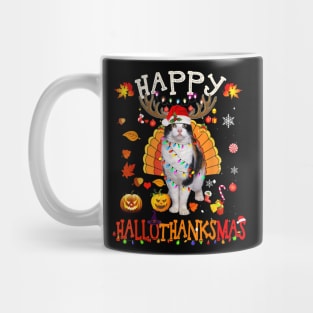 Funny Cat Happy Hallothanksmas Halloween Thanksgiving Mug